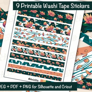 9 adesivi stampabili nastro Washi Lotus - JPEG/PNG/PDF - modello/acquatico/piante/fiori/carino/blu/arancione/astratto/design/decorativo/arte