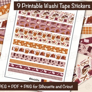 May include: Nine printable washi tape stickers featuring a book and coffee theme. The stickers are in a variety of colors, including brown, orange, and pink. The text "9 Printable Washi Tape Stickers" and "@Aeizlita" are visible on the image. The text "JPEG + PDF + PNG for Silhouette and Cricut" is also visible on the image.