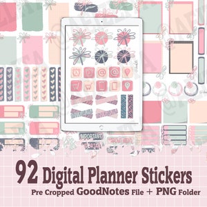May include: A set of 92 digital planner stickers in a pink, green, and blue colour scheme. The stickers include various shapes, icons, and patterns. The text "92 Digital Planner Stickers" and "Pre Cropped GoodNotes File + PNG Folder" is displayed at the bottom of the image.