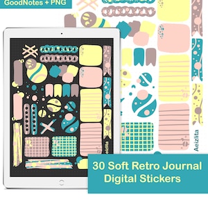 30 Digital Journal Sticker - GoodNotes Planner/Tagebuch - Retro Neutral/Pastell/Geometrisch/Pop/Rosa/Haftnotizen/Washi Tape/Label/Muster/Gelb
