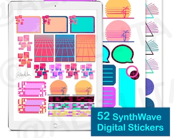 52 Digital Stickers - GoodNotes Planner/Journal/Diary - SynthWave/Pop/Retro/80s - Illustrations/Paper/Labels/Washi Tape - Neon Pink/Green