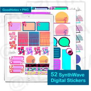 52 Digital Stickers - GoodNotes Planner/Journal/Diary - SynthWave/Pop/Retro/80s - Illustrations/Paper/Labels/Washi Tape - Neon Pink/Green