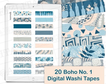 20 digitale Boho No. 1 Washi Tapes - GoodNotes Planner/Tagebuch/Journal - Boho/Ästhetik/Abstrakt/Minimalismus/Blau/Grau/Pfirsich/Pastell/Muster