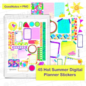 May include: 45 Hot Summer Digital Planner Stickers. A digital planner sticker set with a summer theme. The stickers feature watermelon, palm trees, sunglasses, ice cream, and other summery designs. The stickers are in bright colors like pink, yellow, blue, and green.