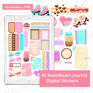 May include: A set of 40 digital stickers for a journal or planner. The stickers feature a variety of cute designs, including hearts, roller skates, cupcakes, and boba tea. The stickers are in pink, blue, yellow, brown, and white.