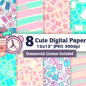 May include: Set of eight 12x12 inch digital papers featuring cute patterns with coffee cups, alarm clocks, gift boxes, and cell phones in pastel colors. Commercial license included.