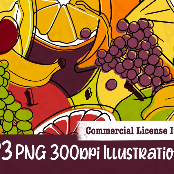23 Fruits Clip Art Illustrations - PNG Images - COMMERCIAL LICENSE - Cherries/Apples/Pears/Grapes/Simple Bold/Line Art/Plums/Oranges/Green