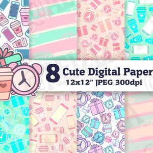 Papiers numériques mignons - 12x12 pouces JPEG 300dpi - Imprimable / Kawaii / Girly / Pastel / Rose / Pêche / Vert menthe / Horloge / Téléphone / Cadeau / Café / Illustration / Doux