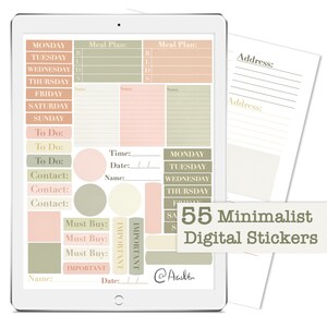 55 adesivi digitali minimalisti - Agenda/Diario/Diario GoodNotes - Mini Pack/Rosa pastello/Giallo pallido/Verde tenue/Note adesive/Etichette/Intestazioni