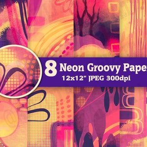 Neon Digital Papers - 12x12 inch JPEG 300dpi - Printable/Groovy/Pattern/Retro/Fabulous/Fuchsia/Orange/Yellow/Deep Violet/Vibrant/Abstract