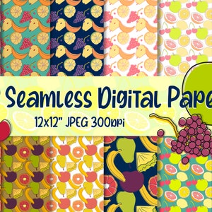 May include: Twelve digital papers featuring seamless patterns of various fruits, including lemons, cherries, grapes, apples, and bananas. The papers are 12x12 inches and 300 dpi.