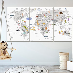 Kinder Weltkarte Leinwand Tiere Weltkarte Dekor Kinderzimmer Weltkarte Kunst Atlas Druck Kontinent Kunst Reise Leinwand Weltkarte Dekor Große Weltkarte