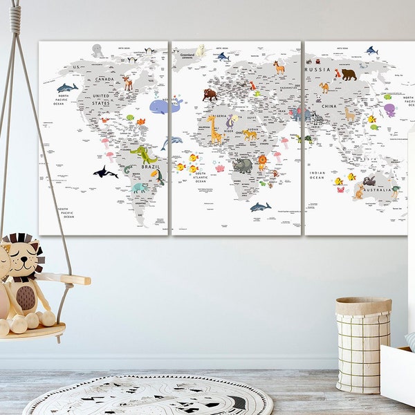 Kids world map canvas Animal world map decor Nursery world map art Atlas print Continent art Travel canvas World map decor Large world map