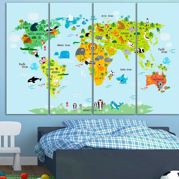 Nursery world map canvas Playroom map decor Kinderweltkarte Childrens map art Kids' bedroom print Animal art Travel canvas Large world map