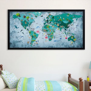 Kinder Weltkarte Leinwand Tiere Weltkarte Dekor Kinderzimmer Weltkarte Kunst Grüner Kontinent Karte Reise Leinwand Weltkarte Dekor Große Weltkarte
