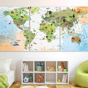 Dinosaurier Kinder Weltkarte Leinwand Uralte Tiere Weltkarte Kinderzimmer Weltkarte Kunst Karte mit Reise Leinwand Weltkarte Dekor Große Weltkarte