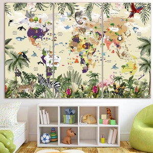 Kinderzimmer Weltkarte Tropische Savanne Spielzimmer Karte Dekor Kinderzimmer Karte Kunst Kinderzimmer Druck Tierkunst Reise Leinwand große Weltkarte