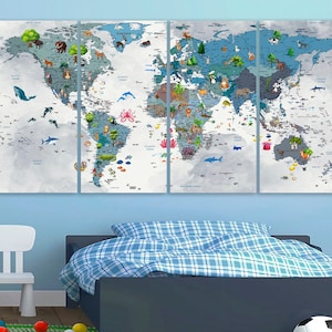 Weltkarte Kinderzimmer Weltkarte Leinwand Kinderzimmer Kinderzimmer Kunstdruck Spielzimmer Kunst Weltkarte Illustration Große Weltkarte