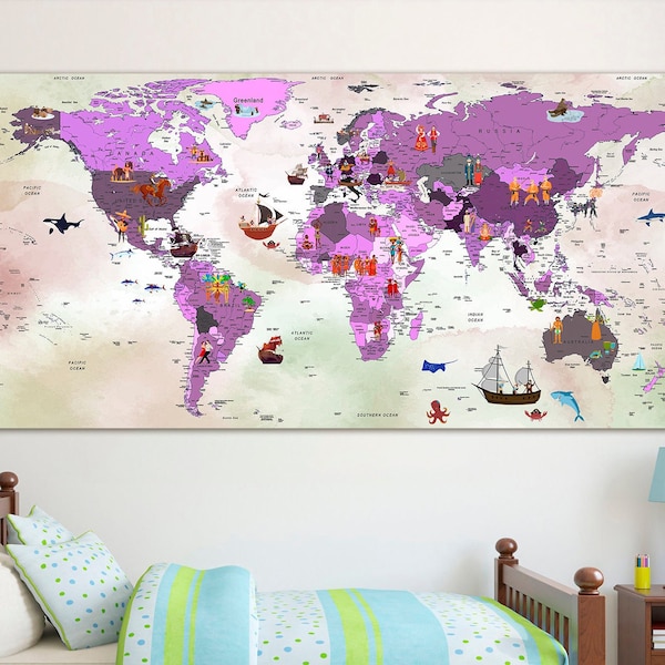 Color world map for kids Canvas wall decor Children map print Animal world map Nursery wall decor Playroom wall print Kid Room Map Child map