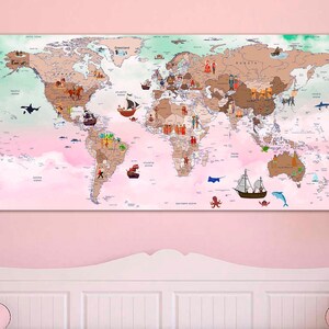 Wereldkaart voor een meisje Canvas muurkunst Kinderkamer decor Educatieve wereldkaart Speelkamer art print Kinderkamer wereldkaart Kind Muur Decor