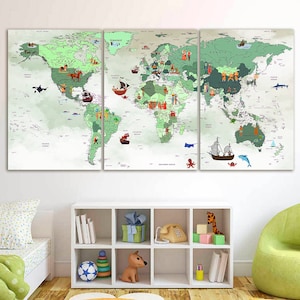 Kinder Weltkarte Leinwand Tier Karte der Welt Kunst Tier Welt Karte Kinderzimmer Wanddekor Spielzimmer Druck Weltkarte für Kinder Kinderzimmer