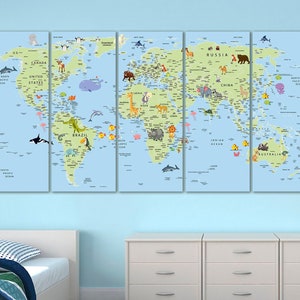 Kids World Map Canvas Animal World Map Decor Nursery World Map Art ...