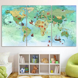 Leinwand Kinder Karte Smaragdgrün Kinderzimmer Weltkarte Kinderzimmer Dekor Homeschooling Karte große Weltkarte Wandkunst Spielzimmer Kunst Dekor pädagogisches