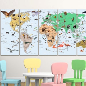 Kids World Map Canvas Animal World Map Decor Nursery World Map Art ...