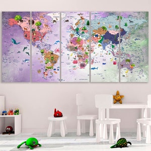 Bunte Kinder Weltkarte Leinwand Tiere Weltkarte Dekor Kinderzimmer Weltkarte Kunst Erde Töne Lernkarte Reise Leinwand Weltkarte Dekor