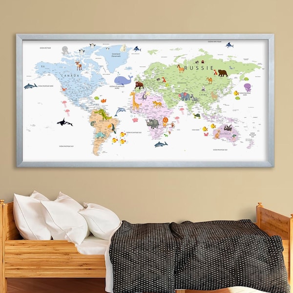 World Map in FRENCH World map canvas Carte du monde en français Animal world map decor Nursery world map art Travel canvas Large world map