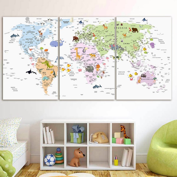 Kids world map canvas Animal world map decor Nursery world map art Atlas print Continent art Travel canvas World map decor Large world map