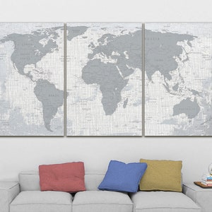 Weltkarte Leinwand grau Weltkarte Dekor Weltkarte Push Pin Atlas Druck Kontinent Kunst Reise Leinwand große Wandkunst große Weltkarte Geschenkplakat
