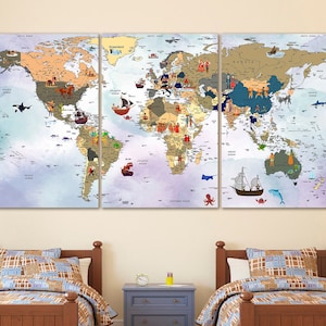 Bunte Weltkarte Leinwand Dekor Kinderzimmer Wandkunst Karte der Welt Jungen Raum Wandkunst Homeschooling Weltkarte Leinwand Wandkunst