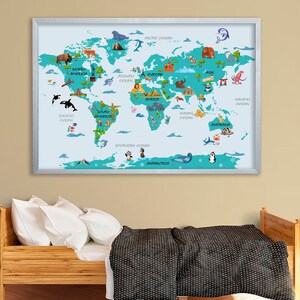 Stampa della mappa del mondo per bambini Decorazioni per la cameretta dei bambini Mappa degli animali Stampa artistica per bambini Arte per la sala giochi Illustrazione della mappa del mondo Mappa del mondo per l&#39;istruzione parentale