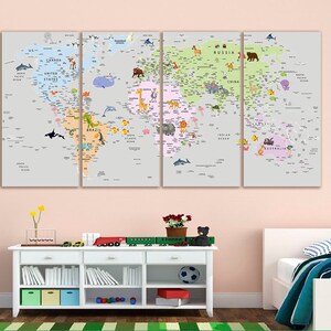 Kids world map canvas Animal world map decor Nursery world map art Atlas print Continent art Travel canvas World map decor Large world map