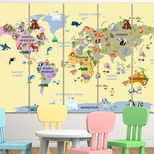 Kids world map canvas Animal world map decor Nursery world map art Atlas print Continent art Travel canvas World map decor Large world map