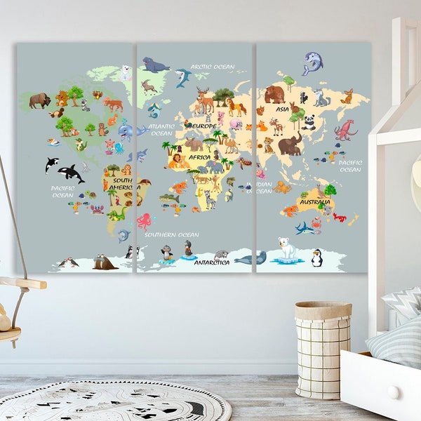 Grey world map canvas Childrens map art Playroom map decor Kinderweltkarte Kid bedroom print Animal art Travel canvas Large world map