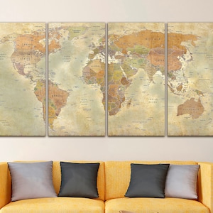 Weltkarte Leinwand Braun Weltkarte Dekor Weltkarte Druck Pin Atlas Druck Kontinent Kunst Reise Leinwand Große Weltkarte Geschenk Poster