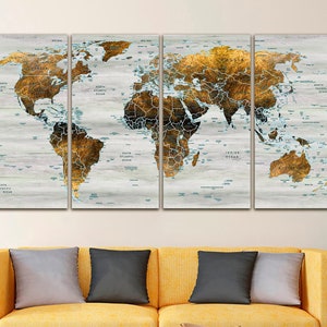 Wereldkaart canvas Gouden wereldkaart decor Wereldkaart push pin Atlas print Continent kunst Reizen canvas Grote kunst aan de muur Grote wereldkaart Cadeau