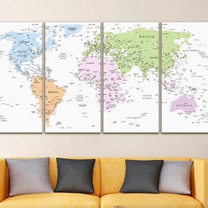World map canvas  Rainbow world map decor World map push pin Atlas print Continent art Travel canvas Large wall art Large world map Gift