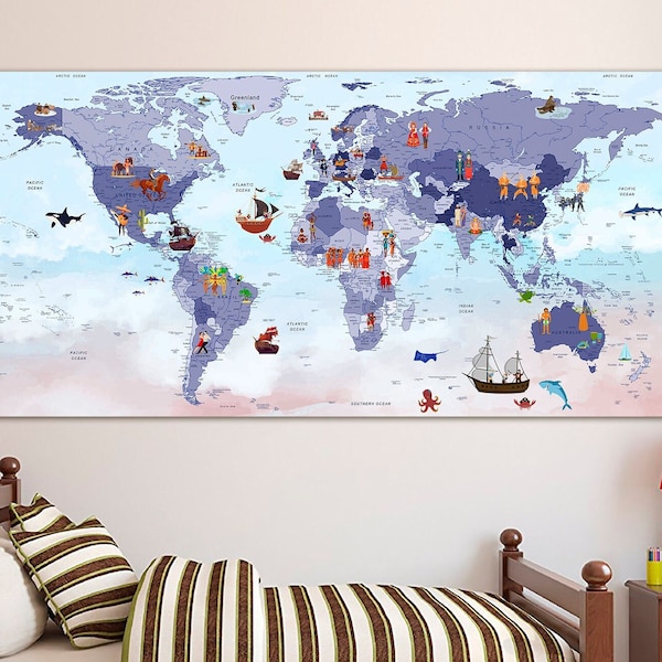 World map for kids Canvas wall decor Animal world map Childrens map print Nursery wall decor Playroom wall print Kid Room Map Child map