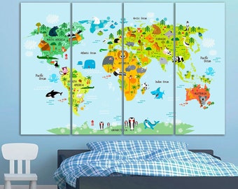 Nursery world map canvas Playroom map decor Kinderweltkarte Childrens map art Kids' bedroom print Animal art Travel canvas Large world map