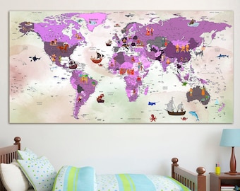 Carte du monde en couleur pour les enfants Toile décoration murale Enfants carte imprimer Carte du monde Animal Nursery décoration murale Playroom wall print Kid Room Map Carte enfant