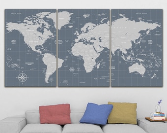 World map canvas  Gray world map decor World map push pin Atlas print Continent art Travel canvas Large wall art Large world map Gift poster