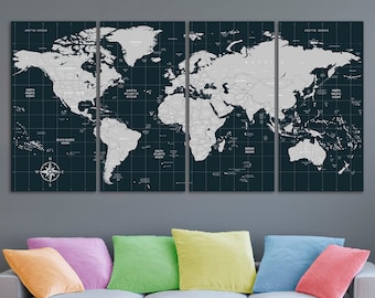 World map canvas  Gray world map decor World map push pin Atlas print Continent art Travel canvas Large wall art Large world map Gift poster