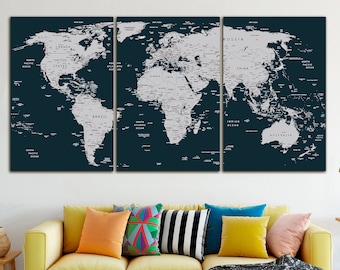 World map canvas  Gray world map decor World map push pin Atlas print Continent art Travel canvas Large wall art Large world map Gift poster