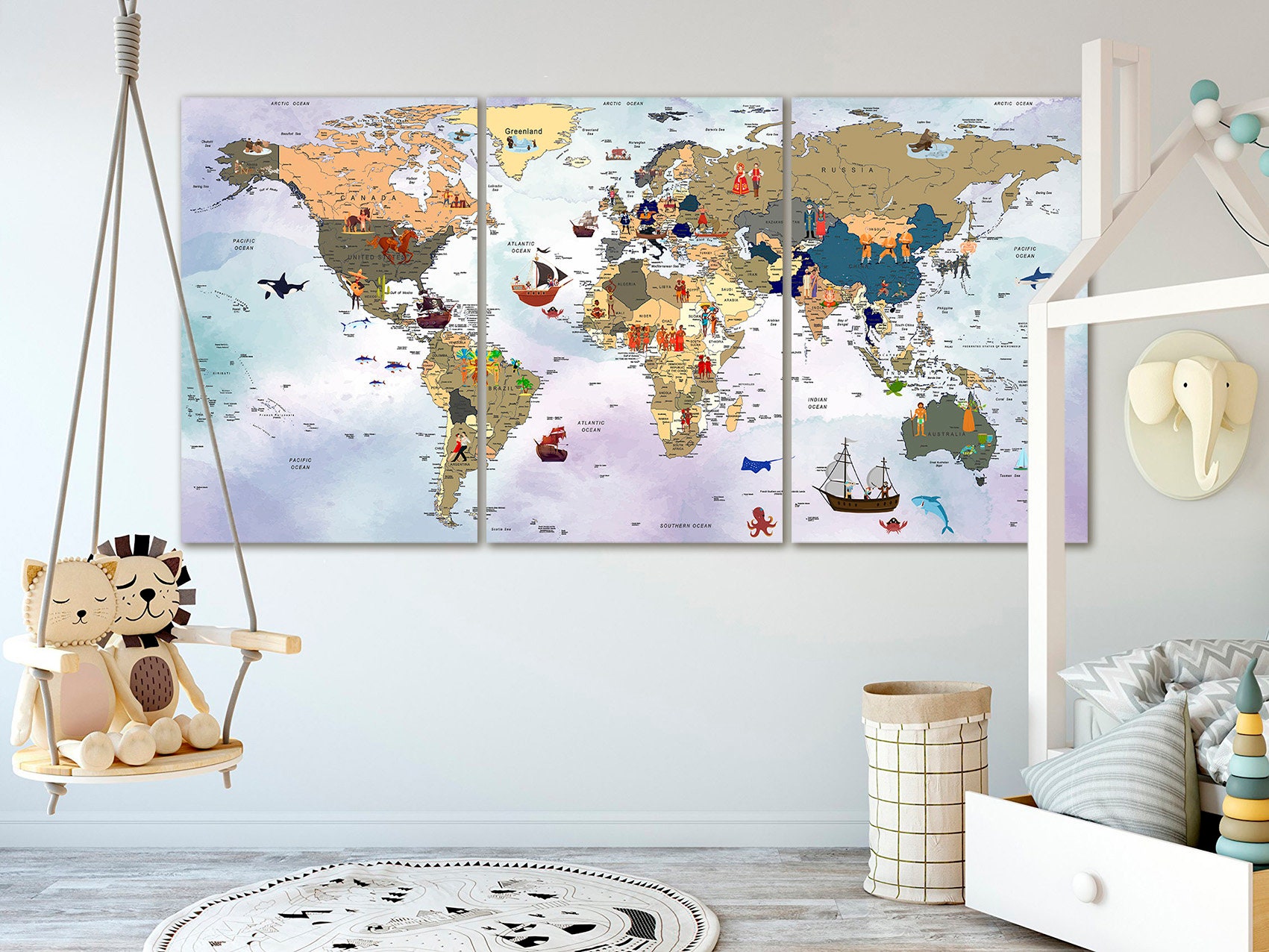 Colorful World Map Canvas Decor Kids Room Decor Nursery Wall Art Map of ...