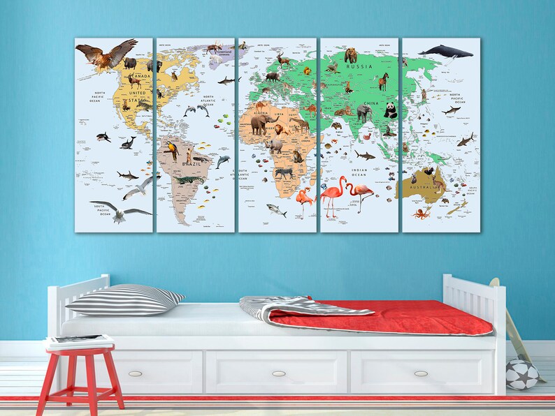 Kids World Map Canvas Animal World Map Decor Nursery World Map Art ...
