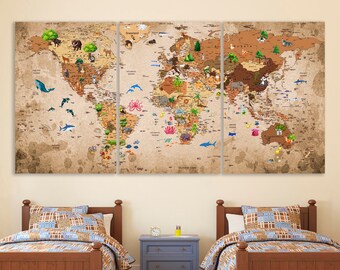 Dierenwereldkaart print kinderen canvas wereldkaart educatieve print kinderkamer kaart kinderkamer kunst aan de muur kinderkamer decor speelkamer print baby decor