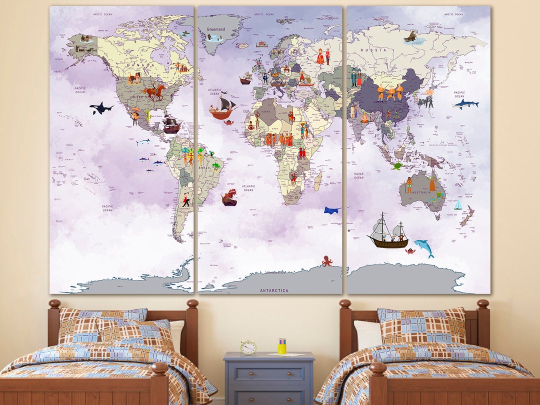 Kids World Map Canvas Playroom World Map Kinderweltkarte Childrens Map ...